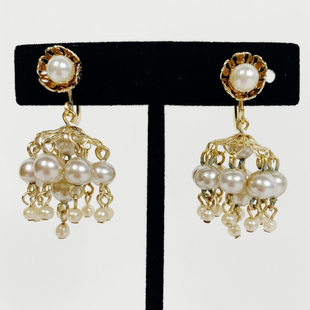 Vintage Goldtone Long Faux Pearl Chandelier Dangle Screw Back Earrings